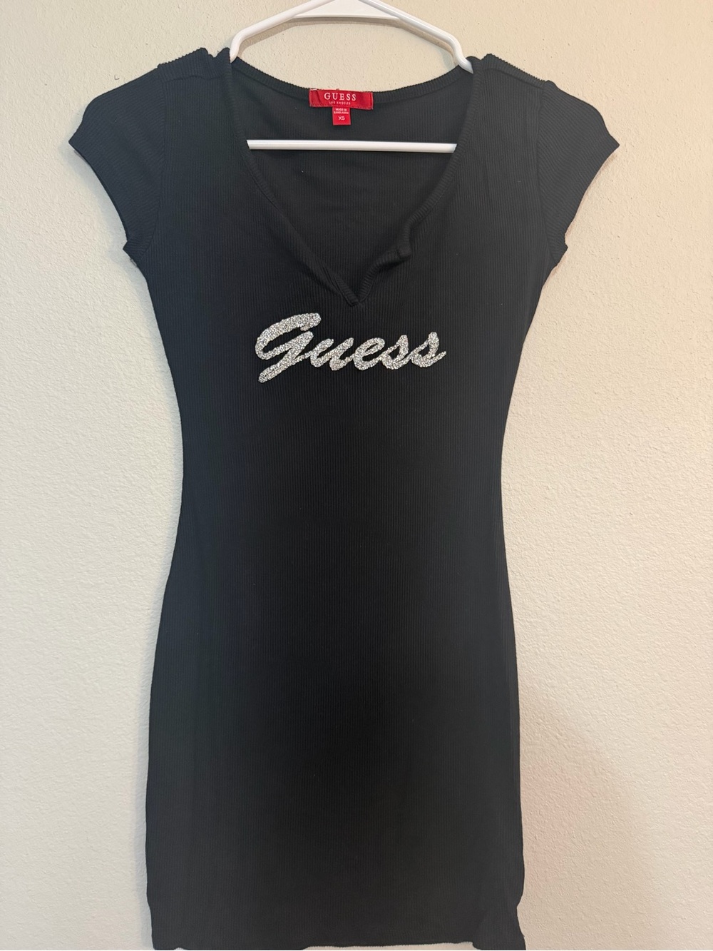 Guess Black Ribbed V-Neck Logo dress with glitter logo